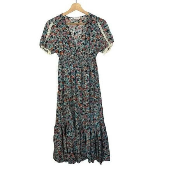Zara Blue Floral Short Sleeve Peasant Midi Dress L - Picture 2 of 5